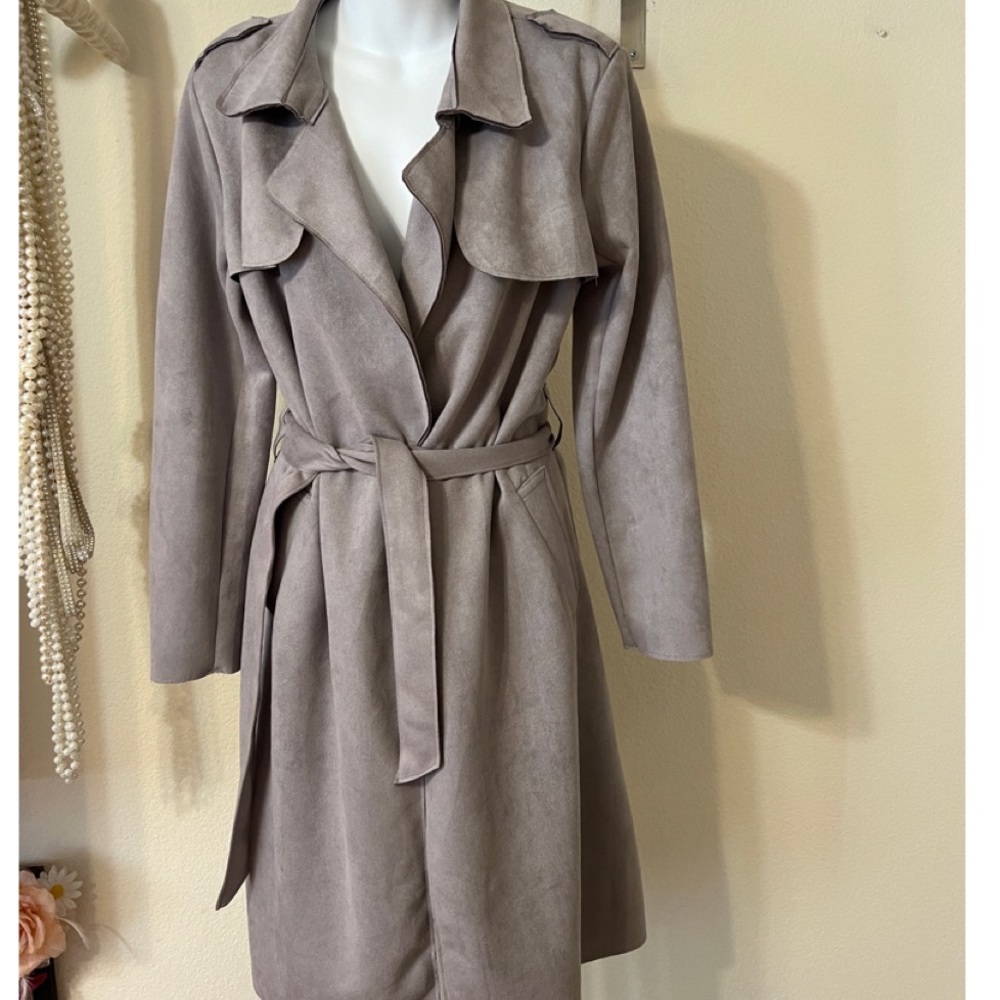 Faux suede gray trench coat small